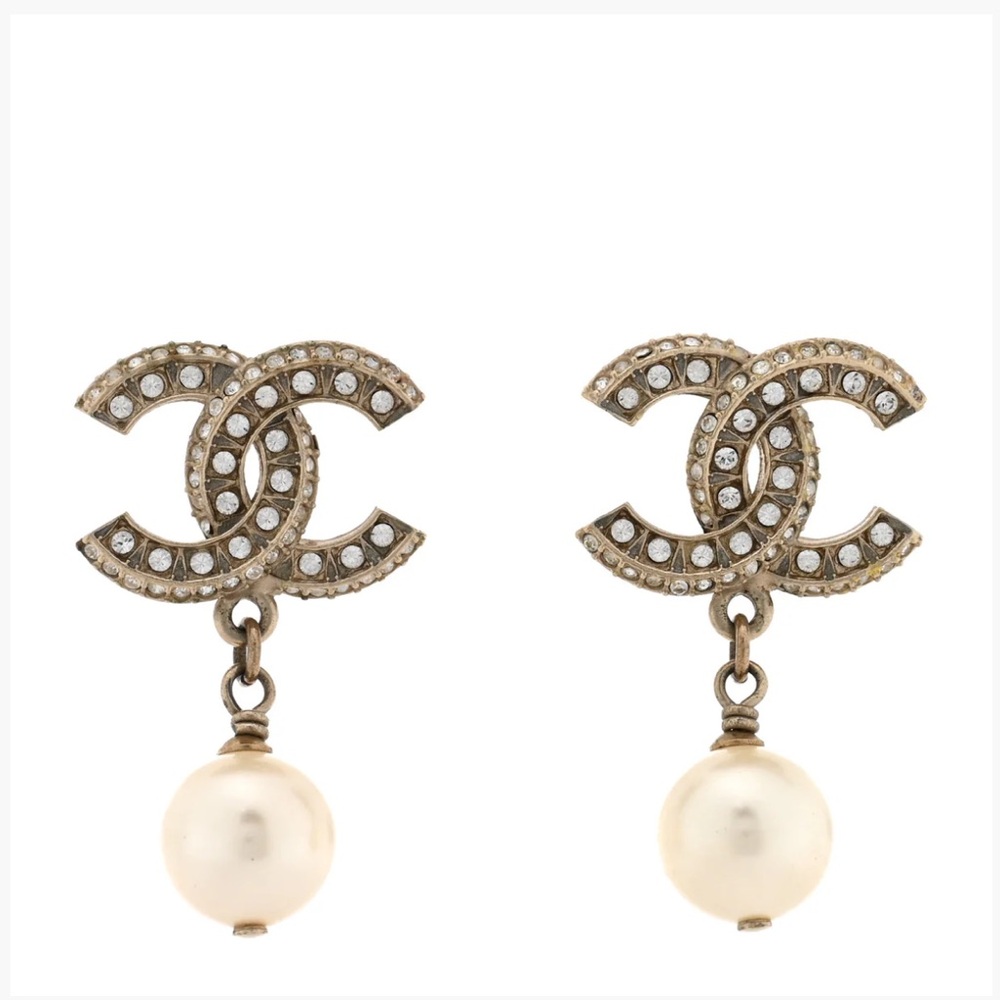 Chanel Crystal Timeless CC Pearl Drop Earrings Light Gold